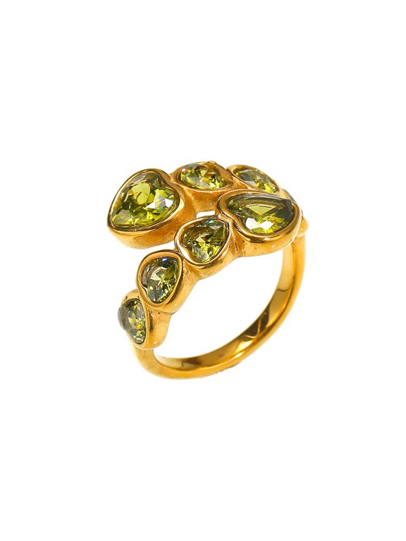 Women's Stainless Steel Crystal Love Heart Zirconia Open Signet Ring Wedding Jewelry Gold Olive Green Stone Size 9