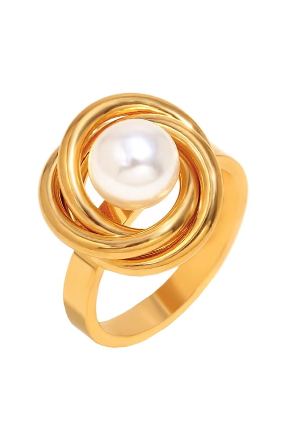 Women's Stainless Steel Crystal Pearl Bead Wire Wrap Signet Stackable Rings Promise Finger Band Gold Size 8