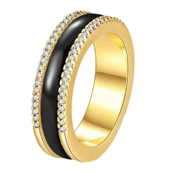 HIJONES Women's Stainless Steel Cubic Zirconia Inlay Edge Rotatable Half Eternity Ceramic Ring Anxiety Relax Turnable Finger Band Gold Black Size 8