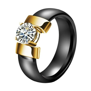 HIJONES Women's Stainless Steel Cut Crystal Inlaid Ceramic Couple Engagement Ring Cubic Zirconia Eternity Wedding Finger Jewelry Gold Black Size 11