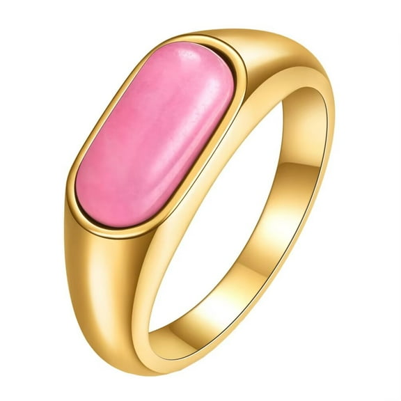 HIJONES Women's Stainless Steel Cute Pink Bean Dome Gemstone Wedding Rings 8MM Gold Plated Glossy Pinky Jewellery Gold Size 8