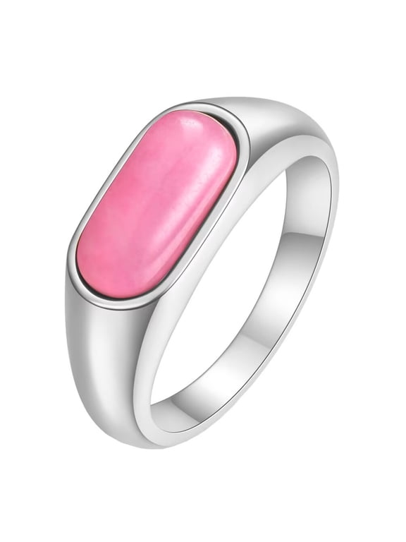 Women's Stainless Steel Cute Pink Bean Dome Gemstone Wedding Rings 8MM Gold Plated Glossy Pinky Jewellery Silver Size 10