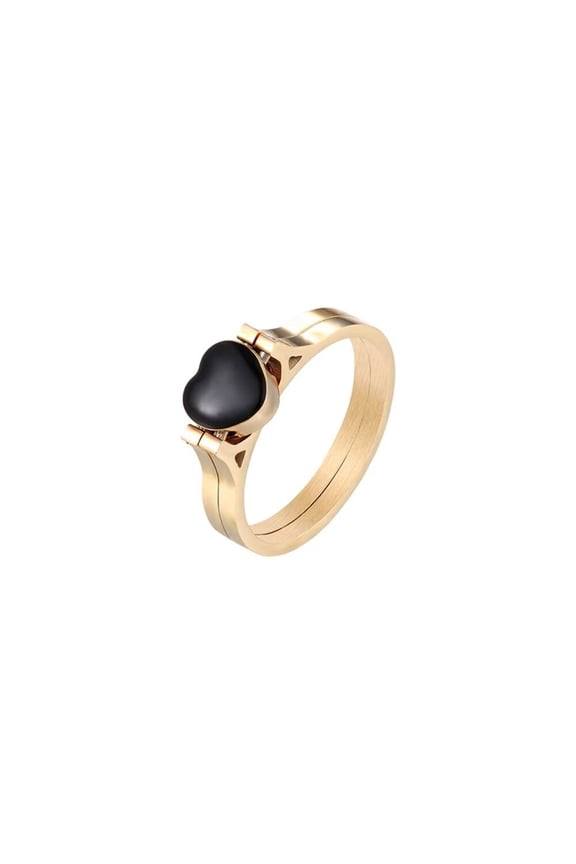 Women's Stainless Steel Dainty Double Layers Lucky Heart Ring Friendship Promise Jewelry Gifts for Women Black Enamel Gold Size 7