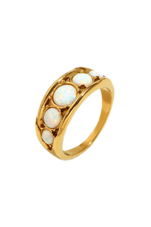 Women's Stainless Steel Dainty Gold Plated Opal Gemstone Wedding Ring Orange Size 8