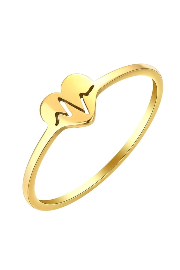 Women's Stainless Steel Dainty Hollow Love Heart ECG Ring Friendship Promise Jewelry Gifts for Women Gold Size 7