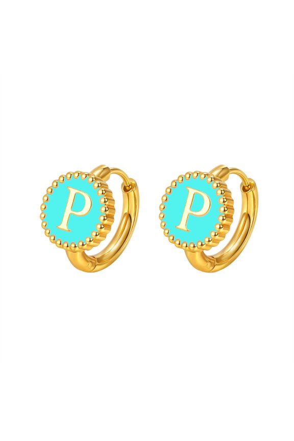 Women's Stainless Steel Dainty Initial Letter Earring Round Coin Alphabet Name Huggie Hoop Earrings Green P