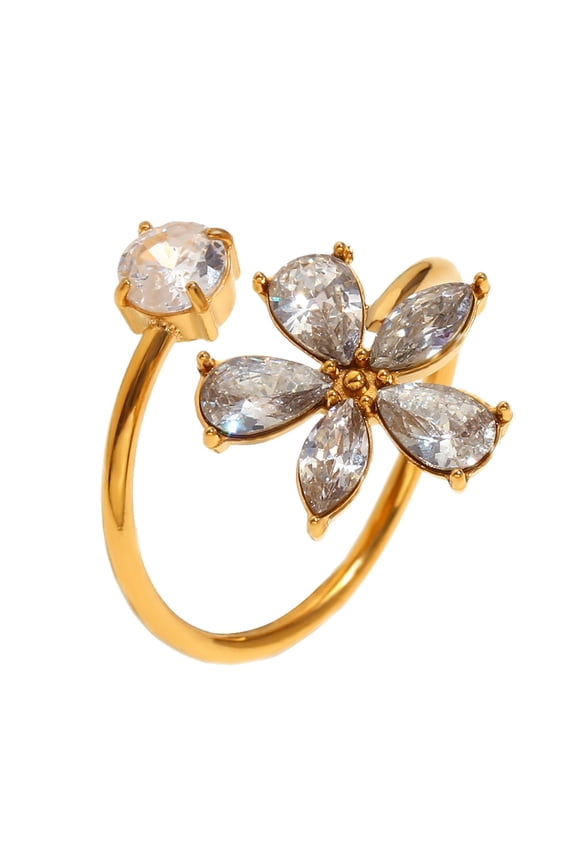 Women's Stainless Steel Exaggerated Dazzling Rhinestone Flower Adjustable Wedding Ring