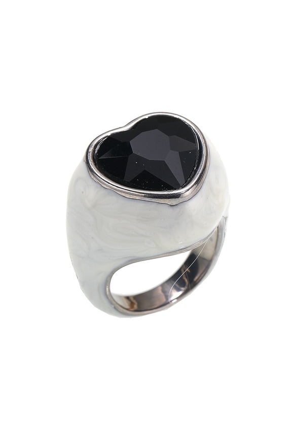 Women's Stainless Steel Exaggerated Enamel Wedding Ring Heart Crystal Large Gemstone Thick Band Silver Black Stone Size 8