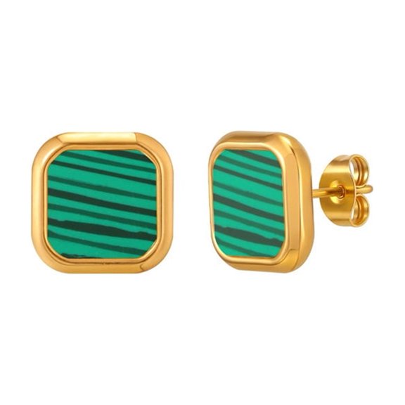 HIJONES Women's Stainless Steel Flat Square Button Shell Statement Stud Earrings Green