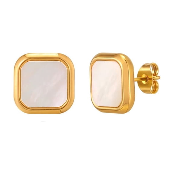 HIJONES Women's Stainless Steel Flat Square Button Shell Statement Stud Earrings White