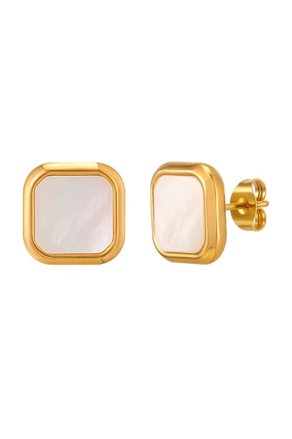 Women's Stainless Steel Flat Square Button Shell Statement Stud Earrings White