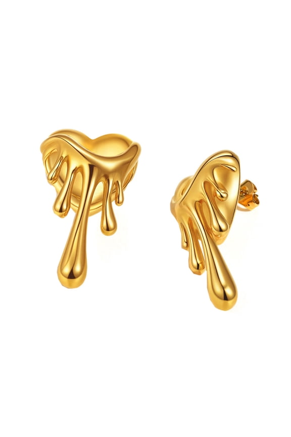 Women's Stainless Steel Gold Liquid Melt Heart Stud Earrings Dangle