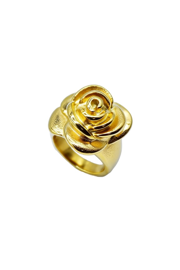 Women's Stainless Steel Gold Plated Rose Flower Engraved Wedding Engagement Ring Silver Size 7