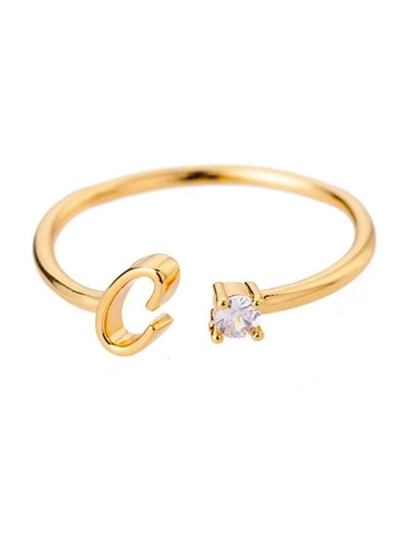 Women's Stainless Steel Gold Plated Stackable Initial Letter Ring Dainty Thin Alphabet Rings Adjustable C