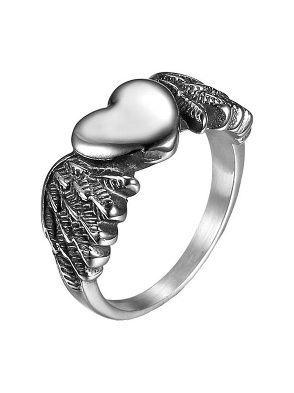 Women's Stainless Steel Gothic Heart Love Wings Band Punk Motor Biker Rings Silver Size 12