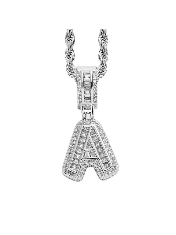 Women's Stainless Steel Ice Out Zirconia Initial A-Z Letter Name Pendant Necklace Hip Hop CZ Charm Jewelry with Twisted Chains Silver A