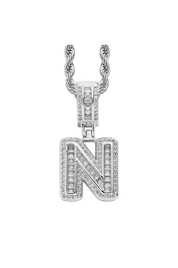 Women's Stainless Steel Ice Out Zirconia Initial A-Z Letter Name Pendant Necklace Hip Hop CZ Charm Jewelry with Twisted Chains Silver N
