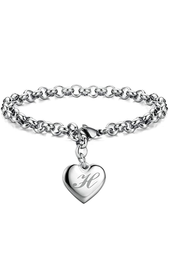 Women's Stainless Steel Initial Charm Bracelet Drop Engraved 26 Letters Initial Heart Bracelet Birthday Gifts Silver H