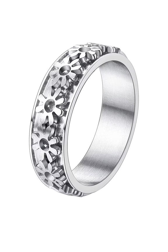 Women's Stainless Steel Light Luxury Hollow Rotatable Ring Anxiety Relieves Strees Ring 6MM Daisy Size 9