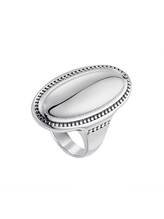 Women's Stainless Steel Oval Checker Groove Rugby Ball Groove Dome Signet Ring Wedding Jewellery Silver Plated Size 11