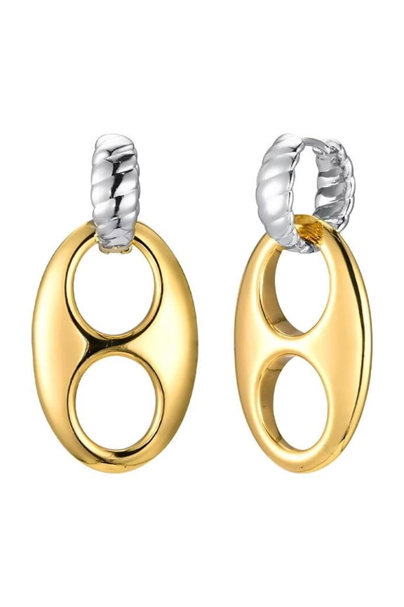 Women's Stainless Steel Oval Coffee Bean Dangle Hoop Earrings Drop Striped Huggie Ear Hook Silver Gold