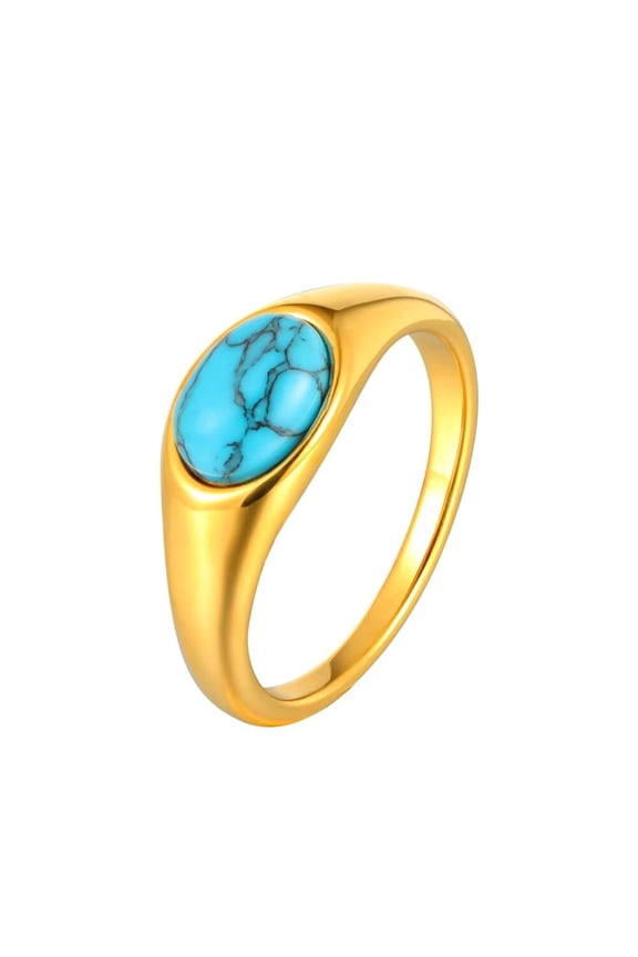Women's Stainless Steel Oval Opal Gemstone Dome Stacking Signet Ring Charming Wedding Jewelry Blue Stone Size 9