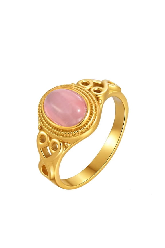 Women's Stainless Steel Oval Opal Gemstone Hollow Engraved Signet Ring Charming Promise Jewelry Pink Stone Size 6