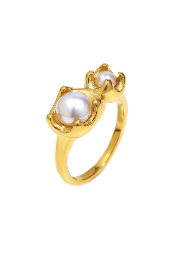 Women's Stainless Steel Pearl Bead Floral Signet Ring Dainty Two Flower Buds Stackable Ring Gold Size 8