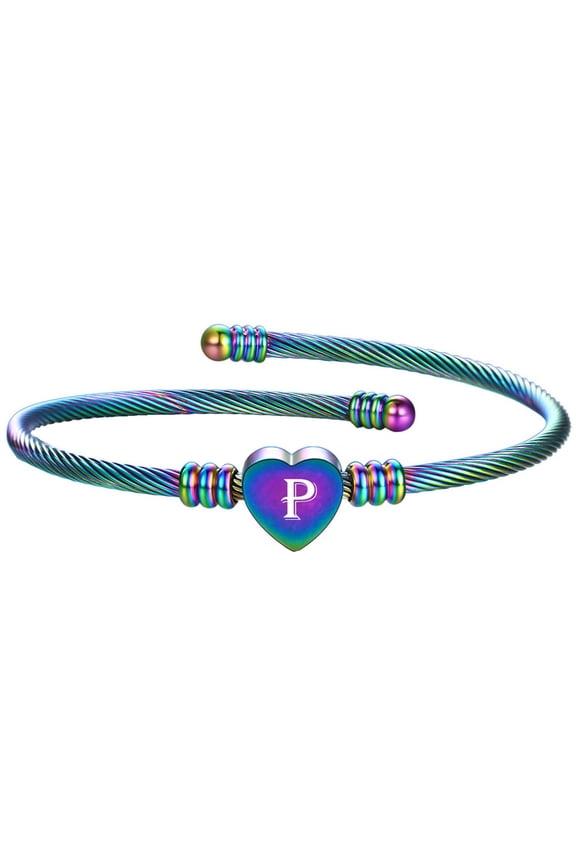 Women's Stainless Steel Rainbow Initial Open Bangle Heart Letter Braided Cable Bracelets Rainbow P