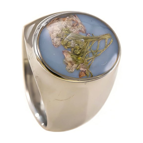 HIJONES Women's Stainless Steel Resin Flower Ring Classic Blue Gemstone Polished Band Silver Size 10
