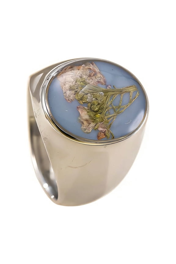 Women's Stainless Steel Resin Flower Ring Classic Blue Gemstone Polished Band Silver Size 8