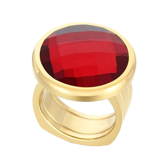 HIJONES Women's Stainless Steel Round Light Luxury Glass Big Gemstone Signet Ring Christmas Promise Jewelry Red Gem Gold Size 9