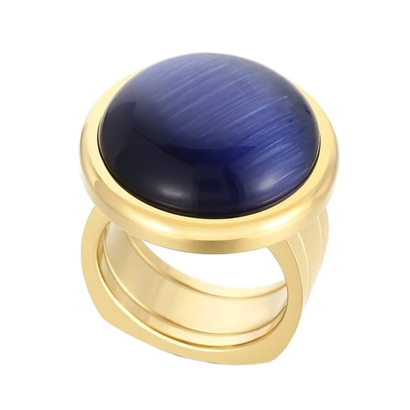 HIJONES Women's Stainless Steel Round Light Luxury Glass Big Gemstone Signet Ring Christmas Promise Jewelry Treasure Blue Gem Gold Size 7