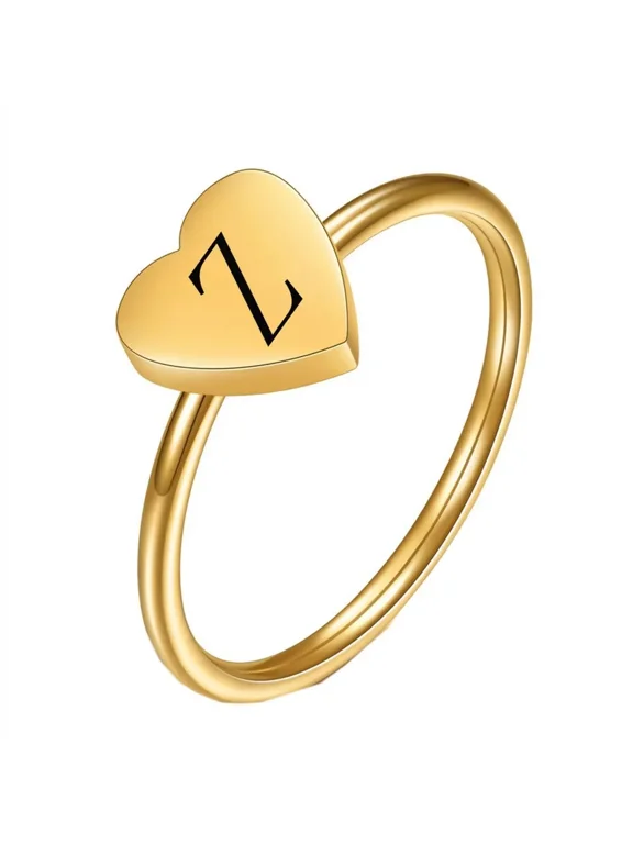 Women's Stainless Steel Simple 7mm Peach Heart Alphabet A to Z Initial Rings Wedding Engagement Statement Jewelry Gold Z Size 6