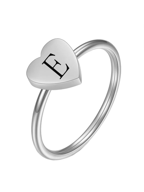 Women's Stainless Steel Simple 7mm Peach Heart Alphabet A to Z Initial Rings Wedding Engagement Statement Jewelry Silver E Size 9
