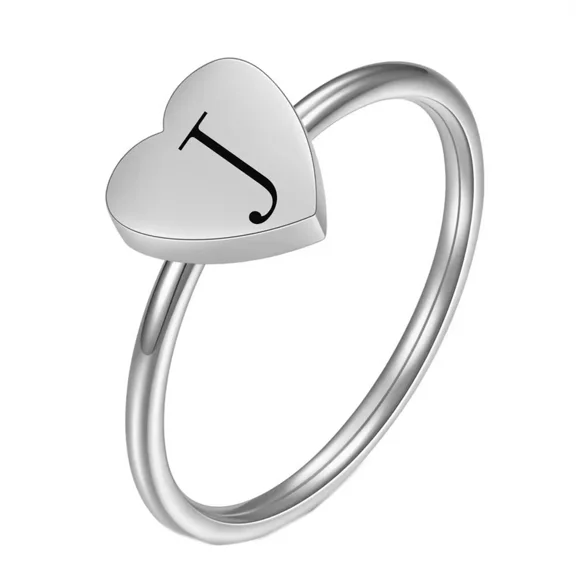 HIJONES Women's Stainless Steel Simple 7mm Peach Heart Alphabet A to Z Initial Rings Wedding Engagement Statement Jewelry Silver J Size 7