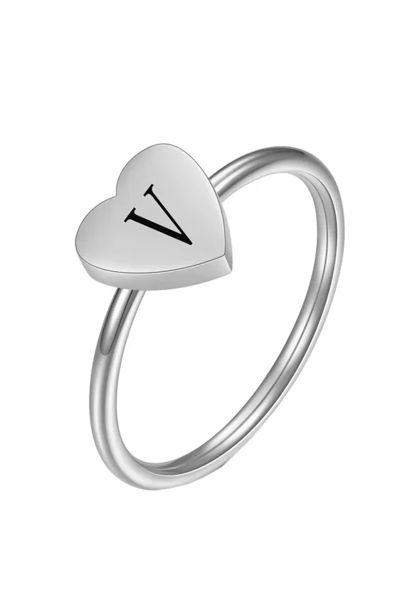 Women's Stainless Steel Simple 7mm Peach Heart Alphabet A to Z Initial Rings Wedding Engagement Statement Jewelry Silver V Size 7