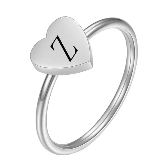 HIJONES Women's Stainless Steel Simple 7mm Peach Heart Alphabet A to Z Initial Rings Wedding Engagement Statement Jewelry Silver Z Size 6