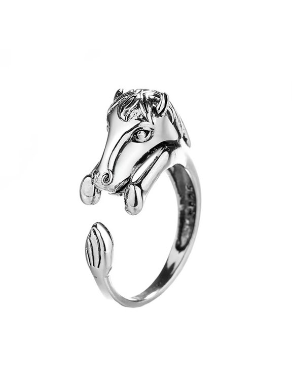Women's Stainless Steel Simple Chinese Zodiac Animal Stackable Thin Ring Vintage Patronus Open Rings Adjustable Horse