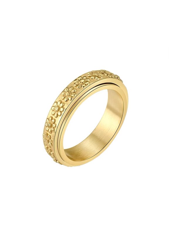 Women's Stainless Steel Simple Cute Daisy Rotatable Ring Anxiety Relieves Strees Ring 6MM Gold Size 10