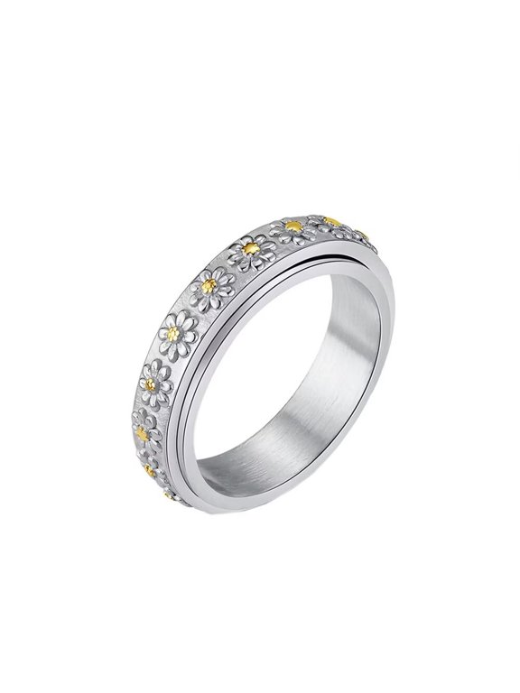 Women's Stainless Steel Simple Cute Daisy Rotatable Ring Anxiety Relieves Strees Ring 6MM Silver Size 6