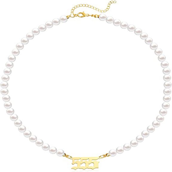 HIJONES Women's Stainless Steel Simple Imitation Pearl Number Pendant Necklace Dainty Number Choker Chain Gold Plated 555