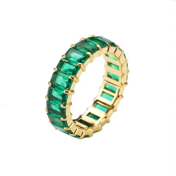HIJONES Women's Stainless Steel Simple Rainbow Cubic Zirconia Ring Personalized Gift Dating Engagement Wedding Jewelry 6MM Green CZ Gold Size 6