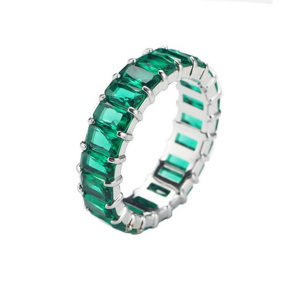 HIJONES Women's Stainless Steel Simple Rainbow Cubic Zirconia Ring Personalized Gift Dating Engagement Wedding Jewelry 6MM Green CZ Silver Size 7
