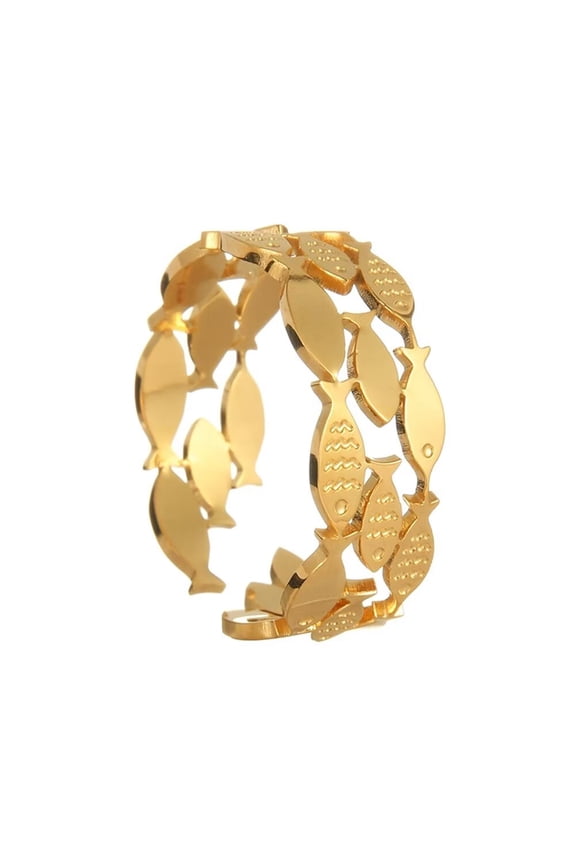 Women's Stainless Steel Simple Retro Many Fishs Ring Dainty Wide Smooth Open Rings Gold Adjustable