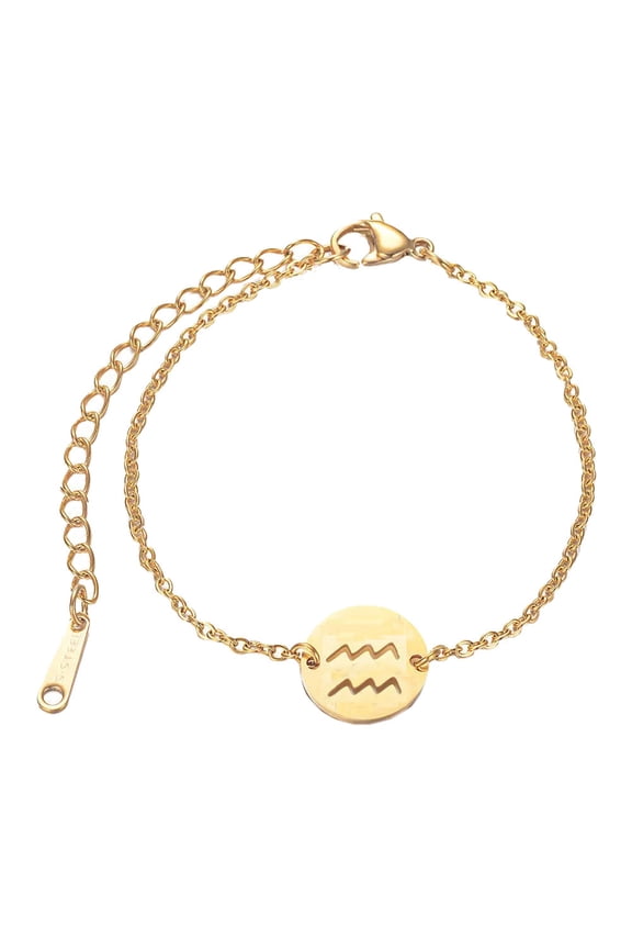 Women's Stainless Steel Simple Zodiac Sign Round Coins Bracelet Horoscope Constellation Charm Jewelry Aquarius