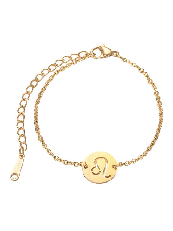 Women's Stainless Steel Simple Zodiac Sign Round Coins Bracelet Horoscope Constellation Charm Jewelry Leo