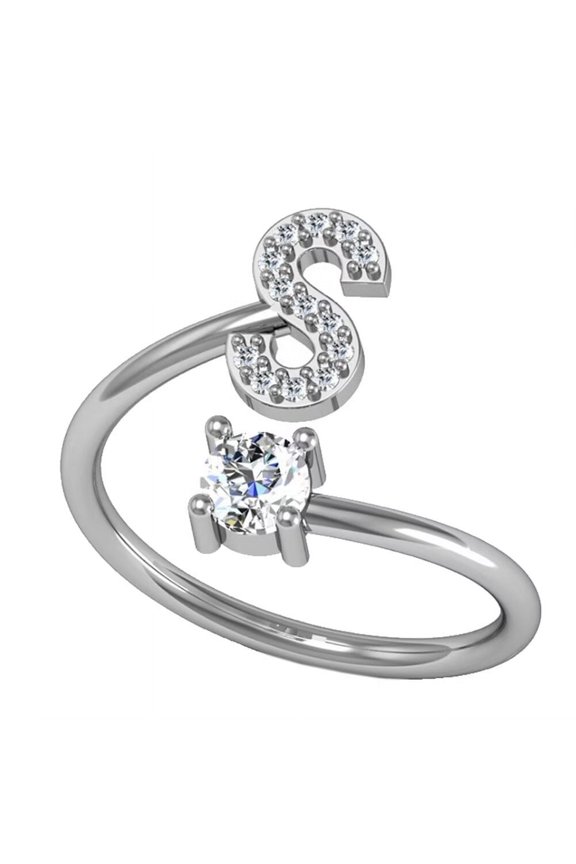 Women's Stainless Steel Single Cubic Zirconia Stackable Initial Letter Ring Dainty Thin Alphabet Rings Jewelry Gifts Adjustable S