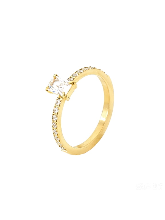 Women's Stainless Steel Square Crystal Zirconia Ring Sparking Semi-Eternal Wedding Ring Gold White Size 7