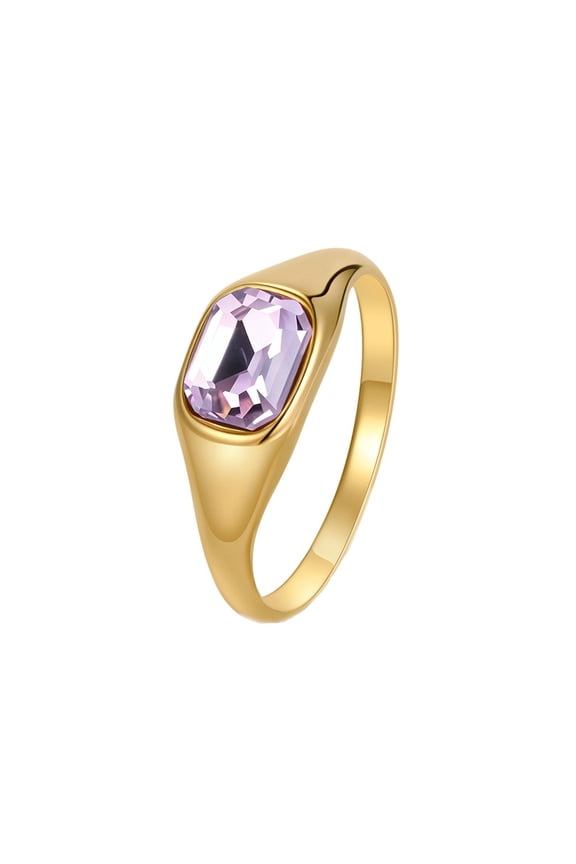 Women's Stainless Steel Square Cut Gemstone Signet Ring Crystal Gold Plated Wedding Pinky Rings Gold Purple Stone Size 6